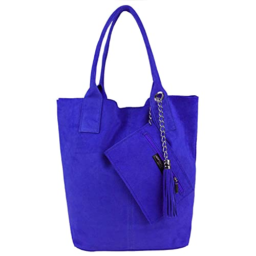 ITALYSHOP24 Made IN Italy Damen XXL Leder Tasche Wildleder Shopper Schultertasche + Schmucktasche (Königsblau)