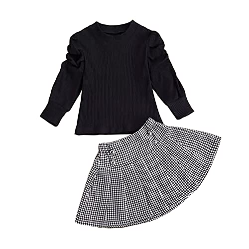 Conjunto de falda a cuadros para niños pequeños niñas y bebés jersey de punto de color sólido camiseta tops + minifalda de tubo conjunto de manga larga conjunto de traje de otoño, negro 140 6-7 años