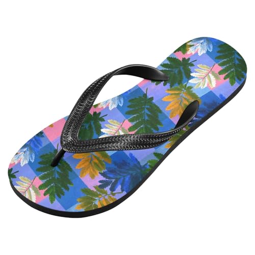 Flip Flop Sandals Checkered Leaf Print for Women Men Beach Outdoor XS2