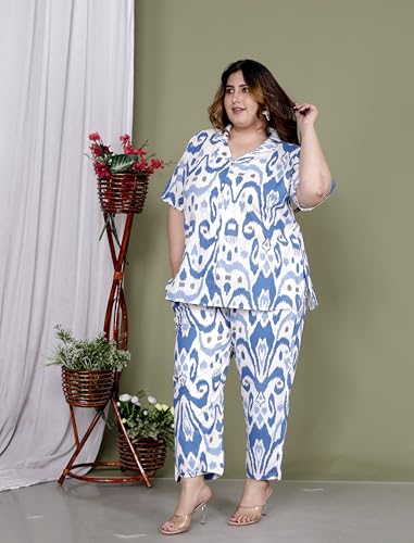 Image of Printed Shirt Style Cotton Night Suit for Women with Extra Plus Size
