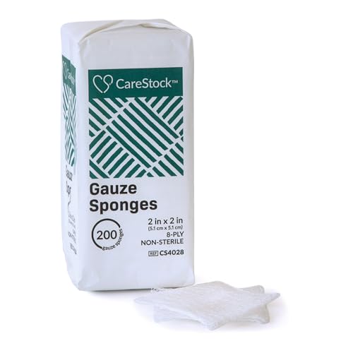 CareStock Gauze Sponge, 2 x 2 in. 8-Ply - Highly Absorbent, Medical-Grade Cotton Wound Dressing, First-Aid Essential - Non-Sterile, 200 per Pack, 2 Packs, 400 Total