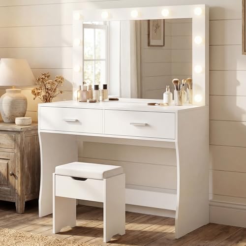 Image of YESHOMY Vanity Desk with Mirror,Makeup Vanity Table with 11 Adjustable Lights and 2 Spacious Drawers,3 Lighting Modes with Control&Soft-Padded Storage Stool,Modern Bedroom Vanity Set, White