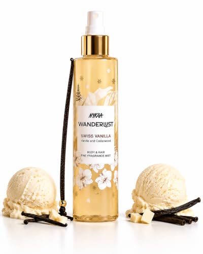Image of Nykaa Wanderlust Swiss Vanilla Fragrance Mist, Vanilla and Cedarwood Scent, Body and Hair Spray, Hydrating and Refreshing, Vegan and Paraben Free, 200ml