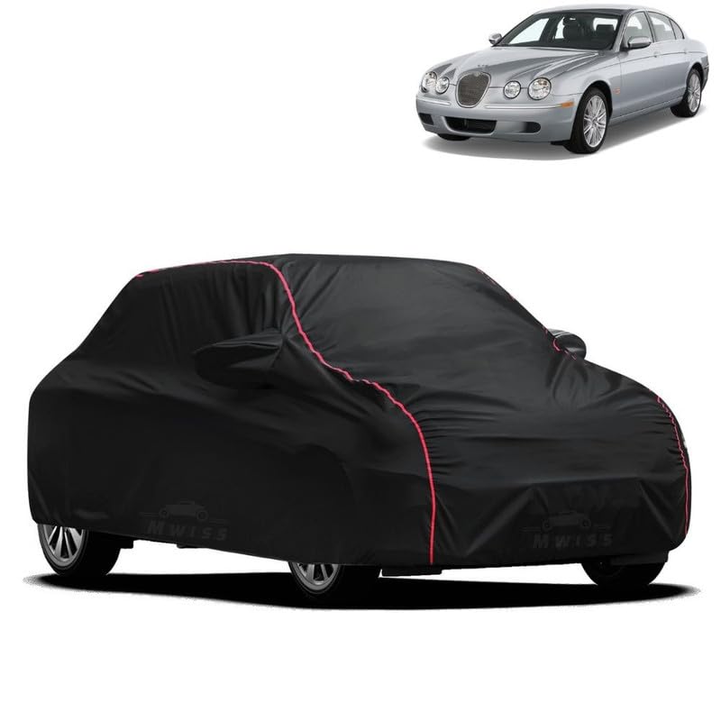 Image of Waterproof Car Cover for Jaguar SType | All-Weather Protection, Dustproof & UV Resistant | Triple Stitched Mirror Pockets, Windproof Buckle Strap with Elastic Hem, Black-Red Piping