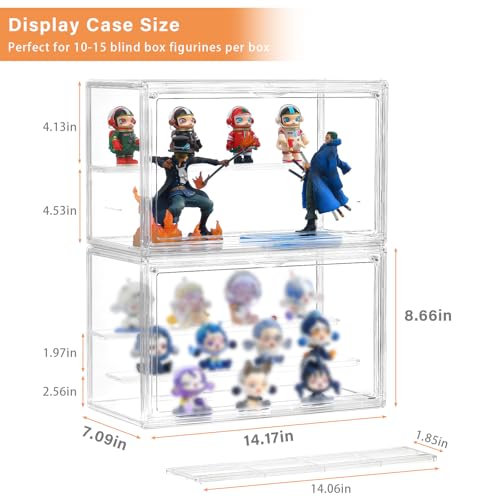 Image of Freebat Clear Acrylic Display Case for Collectibles - 3-Tier Adjustable Figure Display with Magnetic Door & Removable Shelves,Stackable Dispaly box for Figures - 2 Pack