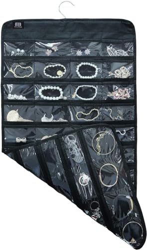 Image of Earring Organizer for Women | Hanging Jewellery Organiser with 48 Double-Sided Transparent Pockets | Earrings Holder, Necklace, Bangle Organizer | Jewelry Storage Organizer for Wardrobe Closet (Black)