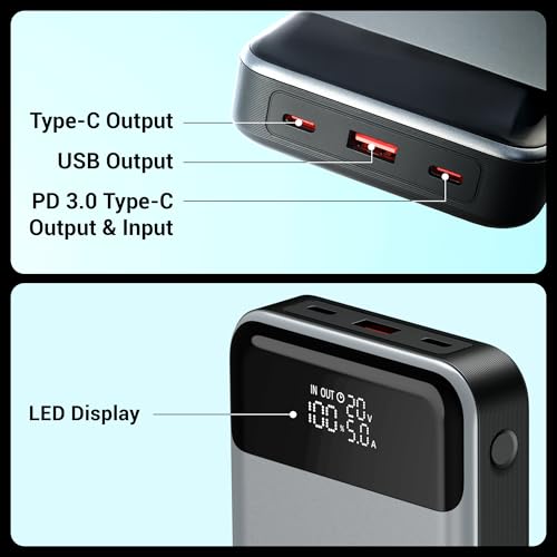 Image of ZEBRONICS EnergiPOD 27R3 Power Bank, 27000 mAh, 100W, PD 3.0 Type C, Rapid Charging, Outputs - Dual Type C | USB A, LED Display, Auto Protections, Flight Friendly, Made in India (Black+Grey)