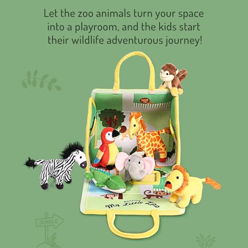 Image of Bonfino Premium My Little Zoo House Playset with Bag for Kids,7 Plush Animal Figurines,Educational Montessori Learning Toy for Toddlers,Soft Pretend Play Set,Birthday Gift for Boys&Girls,BIS Certified
