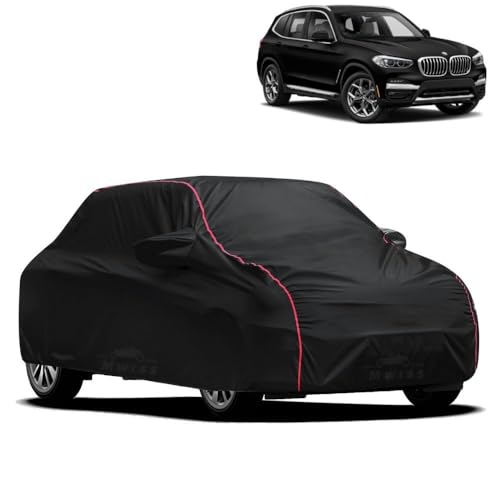 Image of Waterproof Car Cover for BMW X3 | All-Weather Protection, Dustproof & UV Resistant | Triple Stitched Mirror Pockets, Windproof Buckle Strap with Elastic Hem, Black-Red Piping