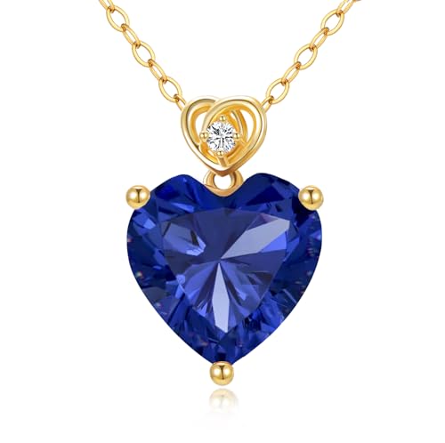 14k Gold Love Heart Gemstone Birthstone Necklaces for Women 3 Carat Heart-cut Created Birthstone Anniversary Birthday Mother's Day Pendant for Her 16+1+1 inch