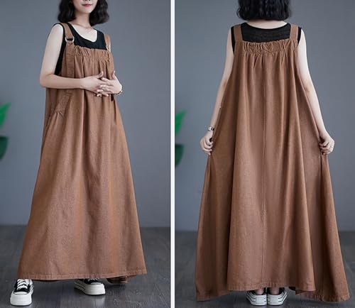 Image of Women's Casual Loose Denim Dress Sleeveless Adjustable Straps Denim Jumper Dress with Pockets