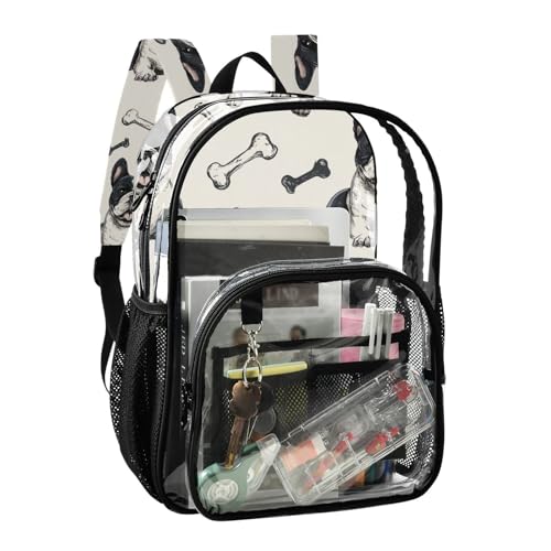 Kids PVC Clear Backpack Bull Dogs Bone Black White Heavy Duty Multi-pockets Large Capacity Transparent See Through Bookbag for School Travel Sport Work2