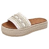 Zapatillas de estar por casa para mujer con plantilla con plataforma antideslizante con cordones cómodos, alpargatas bohemias, sandalias abiertas para verano, sandalias informales de lino para la
