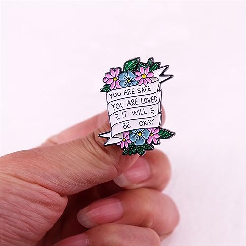 Image of yangwenyuanInspirational Quotes Enamel Pin You Are Safe You Are Loved It Will Be OK Floral Ribbon Brooch Positive Enamel Pins Inspirational Letter Brooch Pins Positive Saying Enamel Pin for Men Women