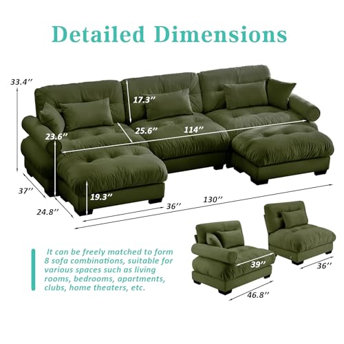Image of SoarFlash Sectional Sofa Couch, U Shaped Modern Sofa with Solid Wood Legs, Couches Sofas for Living Room Apartment, Comfortable Small Couches for Apartment, Green