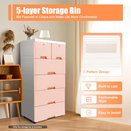 LIYUANJUN 5 Tier Dresser with 6 Drawers, Clothes Storage Organizer with Locks and Wheels, Cabinet Tall Dresser for Office Home Bedroom Hallway, Closet Plastic Drawer Furniture (Pink, 19.7\" W X 40\" H)