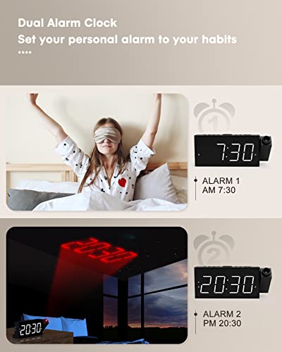 Projection Alarm Clock On Ceiling,Led Digital Clock For Bedroom With Battery Backup,7”Large Display,Usb Charger,Dimmer,180°Projector,12/24H,Dst,Snooze,Loud Electric Alarm Clock For Kids,Adults,Elders #TOP3
