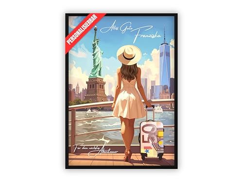 dockyardos® Geldgeschenk für Reise nach New York | Geschenk für Reisen in die USA | Geburtstag, personalisiert mit Name, Frisur & Widmung, Geburtstagsgeschenk für Frauen, 30 40 50 60 70 80