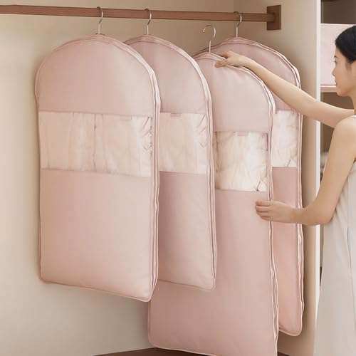 Space Saving Hanging Garment Bag with Self Compression Zipper,Space Saver Closet Organizers,Dust Cover Clothes Bags for Down Coat (Beige, L) 6
