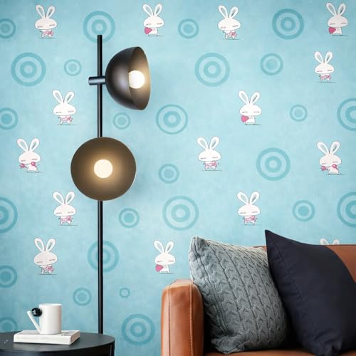 Image of Blue Rabbit & Heart Design Self Adhesive Wallpaper | Peel & Stick, Easy Clean, Removable | Kids Bedroom Wall Covering 16 x 96 Inch