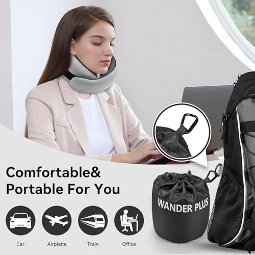 Image of WANDER PLUS Travel Pillow, 100% Pure Memory Foam Travel Neck Pillow Airplane Neck Support Ergonomic Design Best for Sleeping Plane Car Train Office Flight for Adults Grey