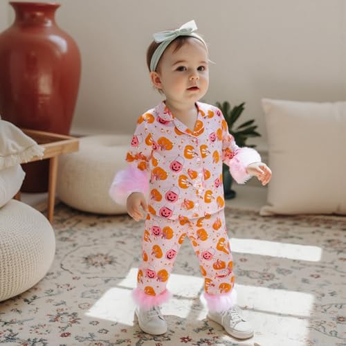 Toddler Baby Girl Satin Pajamas Set Silk Halloween Pjs Furry Cuff Button Down Top Long Pants Sleepwear Fall Clothes2