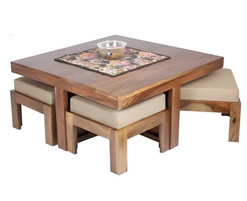 Image of Loonart Solid Sheesham Wood Coffee Table with Four Cushioned Stools | Idel for Living Room | Cafe | Restaurant | Space Saving Indoor Table Set | Finish Color - Rustic Teak Finish | Beige Cushion |