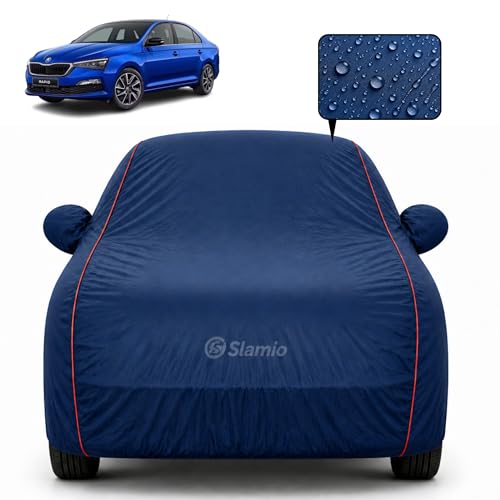 Image of Premium 100% Waterproof Car Cover for Skoda Rapid 2011-2021 Models | All-Weather, UV & Dust Protection | Heavy-Duty 3-Layer Fabric | Custom Fit with Mirror & Antenna Pockets | Navy Blue