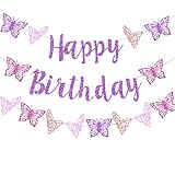 Butterfly Birthday Decorations Purple Glitter Butterfly Happy Birthday Party Banner for Spring Butterfly Theme Gender Reveal Baby Shower 1st 2nd 3rd 4th Happy Birthday Party Supplies Decorations