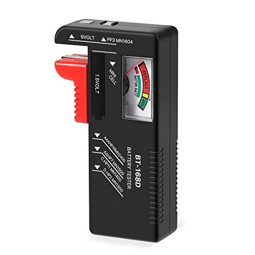 Flexzion Universal Battery Tester Volt Checker Load Test for AA AAA C/D 9V 1.5V Button Cell Type Batteries with LCD Color-Coded Display and Adjustable Arm Easy to Read
