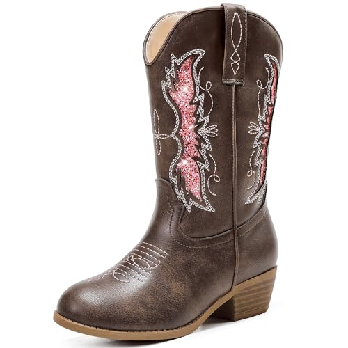 Sparkly Glitter Cowgirl Cowboy Boots for Girls Little Kids Mid Calf Zipper Pointed Toes Low Heel Western Embroidery Party Birthday Toddler to Big Kid