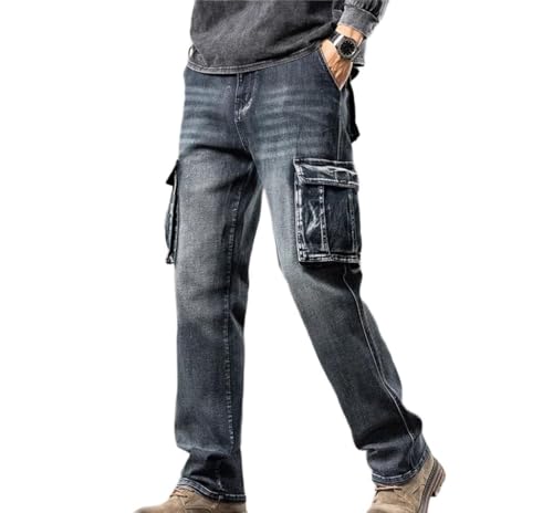 Men Outdoor Work Jeans Wide Leg Multi Pocket Denim Pants Straight Fit Casual Loose Fit Trousers