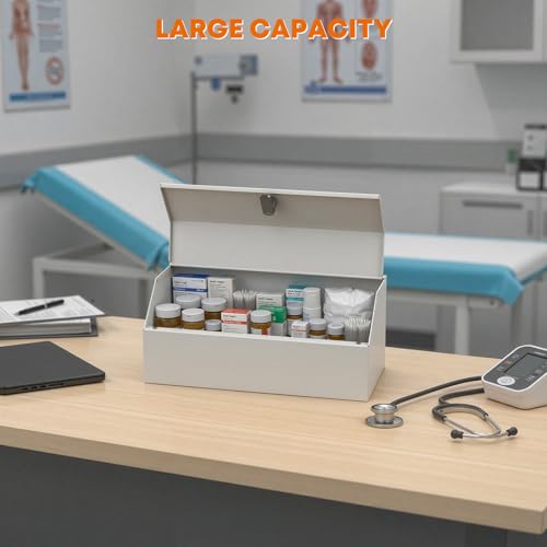 Image of Locking Medicine Cabinet - Wall Mount Steel First Aid Storage Box with Key Lock, Secure Medicine Organizer for Home, Office, Clinic, 12.25 inch W x 5.25 inch D x 5.5 inch H