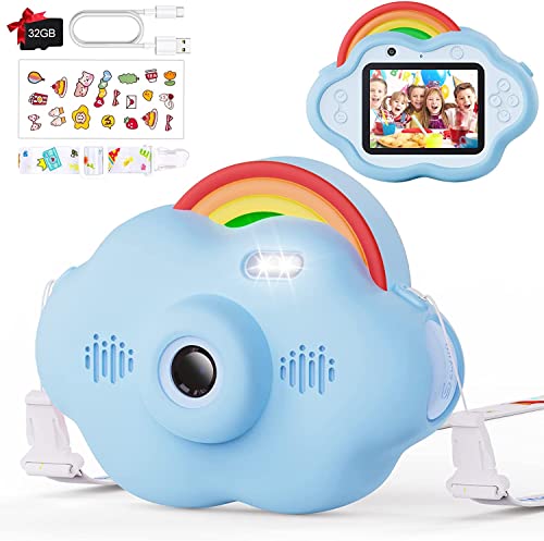 Kids Camera, Selvim 1080P HD Kids Digital Camera with 2.4 Inch Screen, Installed 32GB Card, Rain Bogen Cloud Blue E Cover
