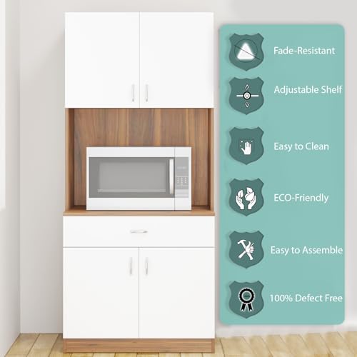 Image of VIKI Furniture | Kitchen Cabinet - Drawer with Doors & Open Shelves, Organizer for Kitchen, Bedroom, Hallway & Living Room (Brussel Walnut & Frosty White - 40D x 80W x 180H cm) | 1 Year Warranty