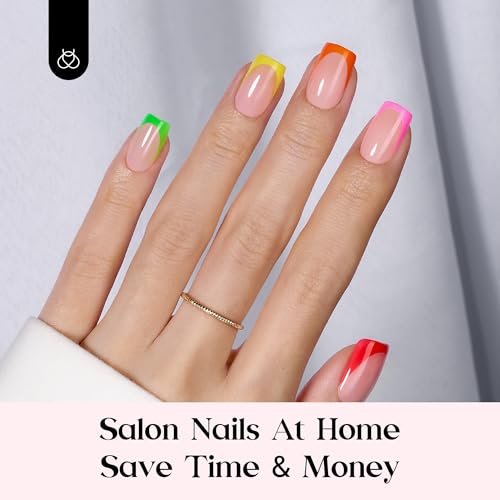 Image of Beetles Soft Gel Summer Press On Nails 224 Pcs 7 Colors, French Tip Short Squoval Classic Fake Tips, Rainbow False Nails Art DIY For Women