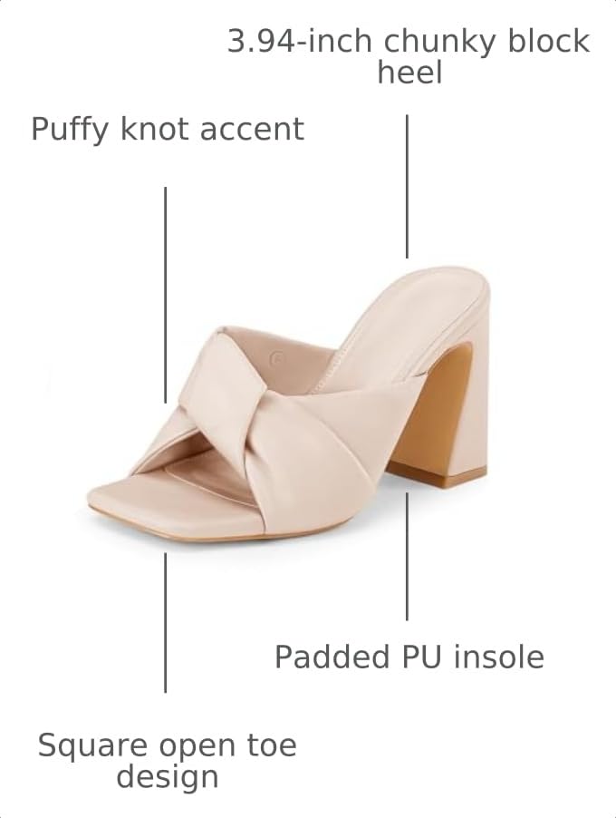 Image of Coutgo Womens Chunky Heeled Mules Puffy Knot Square Open Toe Slip On Sandals Summer Evening Party Prom Shoes