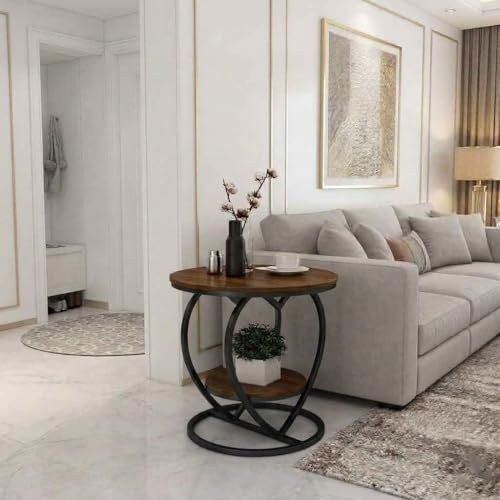 Image of Coffee Table for Living Room,Modern Corner Sofa Side Bedside Tables Snack End Table for Bedroom,Brown Table Top with Black Metal Frame