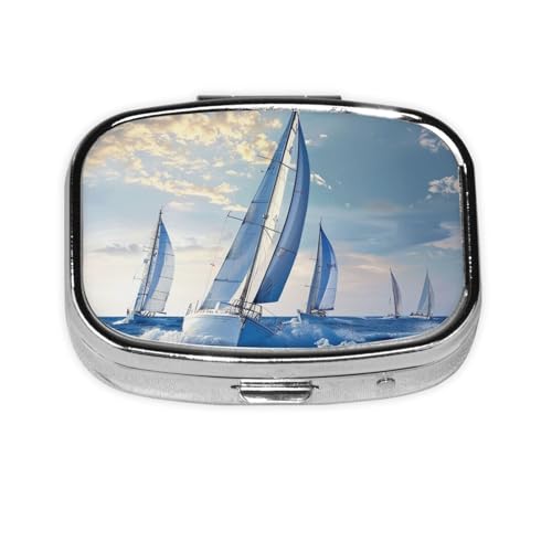 Ocean Sailing プリントピルボックス トラベルスクエアピルオーガナイザー ポータブルピルケース ミラーと2つのコンパートメント付き