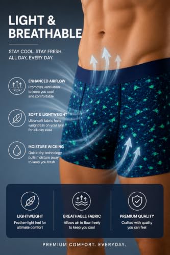 Image of BONO Men Cotton Blend Printed Trunk Combo Anti-Bacterial Moisture Wicking No Marks Stretchable Regular Fit Waistband Underwear Pack of 3 (Darkblue-Multicolor-TurquiseBlue-M)