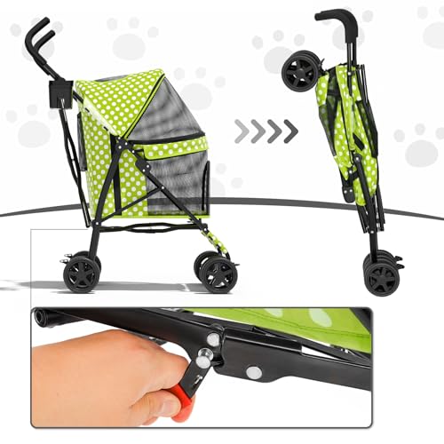 Image of MoNiBloom 4 Wheels Pet Stroller, Easy-Fold Umbrella Shaped Dog Cat Jogger Stroller w /Storage Bag & Visible Mesh for Small /Medium Dogs Cats Lawn Green Polka Dots
