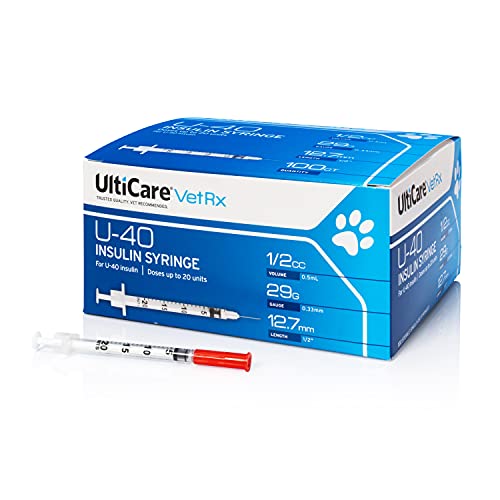 UltiCare VetRx U-40 Pet Insulin Syringes, Comfortable & Accurate Dosing of Insulin for Pets, Compatible with Any U-40 Strength Insulin, Size: 1/2cc, 29G x Â½â€™â€™, 100 ct Box