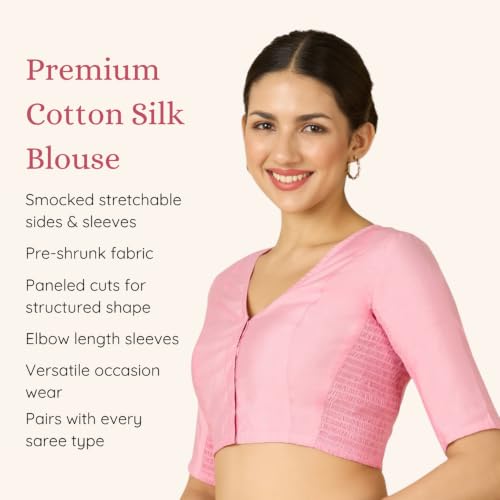 Image of Studio Shringaar Women's Cotton Stretchable (Smocked) Readymade Saree Blouse