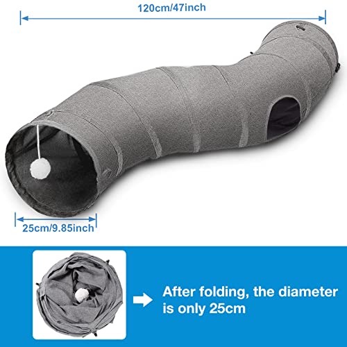 Image of Ownpets S-Shape Cat Tunnel Toy 48 inchL x 10 inchD, for Cats, Puppies & Small Pets | Collapsible for storage, tear-resistant oxford fabric, connects to other tunnel, with peek hole, feather wand, indoor /outdoor