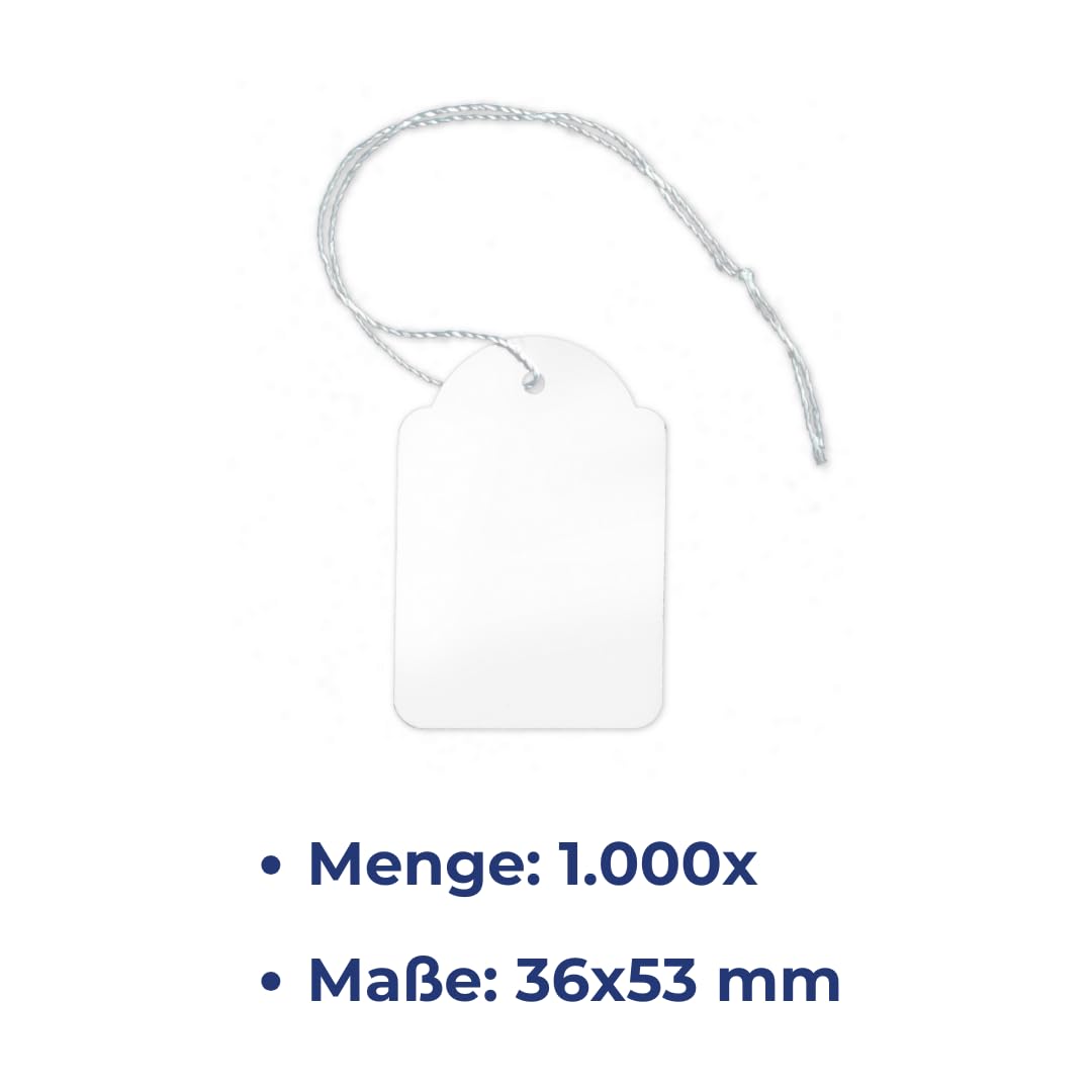 POKORNYS - 1.000 blanko Preisetiketten mit Faden (36 x 53 mm) weiß I Etiketten zum Beschriften I Preisschilder aus Karton mit Baumwollfaden I Anhänger, Hängeetikett, Geschenkanhänger für Kleidung uvm.