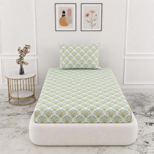 Image of VOMZER Single Size (36x72) 300 TC Soft Cotton Feel Microfiber All Around Elastic Fitted Single Bedsheet with 1 Pillow Cover | Aqua Mint