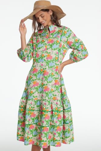 Image of D-Sun Women Floral Maxi Dress Elegant Printed Button Down 3 /4 Puff Sleeve Tiered A-Line Flowy Party Long Dress with Pocket