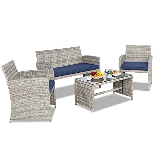 Do4U 4 Pieces Patio Furniture Sets Outdoor Sectional Wicker Set Outdoor Conversation Set Patio Set Patio Loveseats With Coffee Table Porch, Poolside, Terrace, And Yard (Grey-Blue) #TOP1
