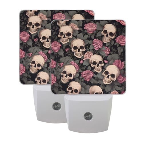 ALAZA Skull Red Rose Skeleton Gothic Night Light Plug Into Wall, 2 Pack LED Nightlights Auto Dusk-to-Dawn Sensor White Light for Bathroom Bedroom Hallway Decor, 0.5W -  g403697917p189c223s321