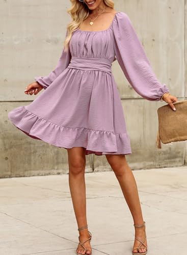 Image of Dokotoo Womens Dress Lantern Sleeve Elastic Waist Tie Backless Mini Dress | Square Neck,Off Shoulder,Flowy,Ruffle A-Line,Casual,Mini Dress,Beach Vacation Clothes,Fall Outifits,Wedding Guest,Boho